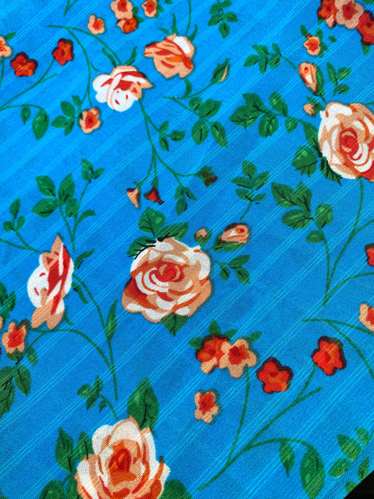 Gasa Chiffon Azul Floreado Naranjo