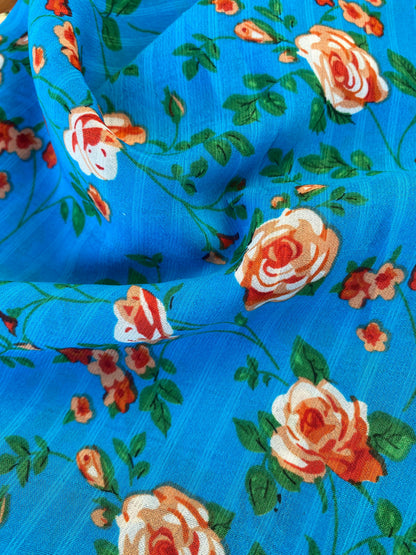 Gasa Chiffon Azul Floreado Naranjo